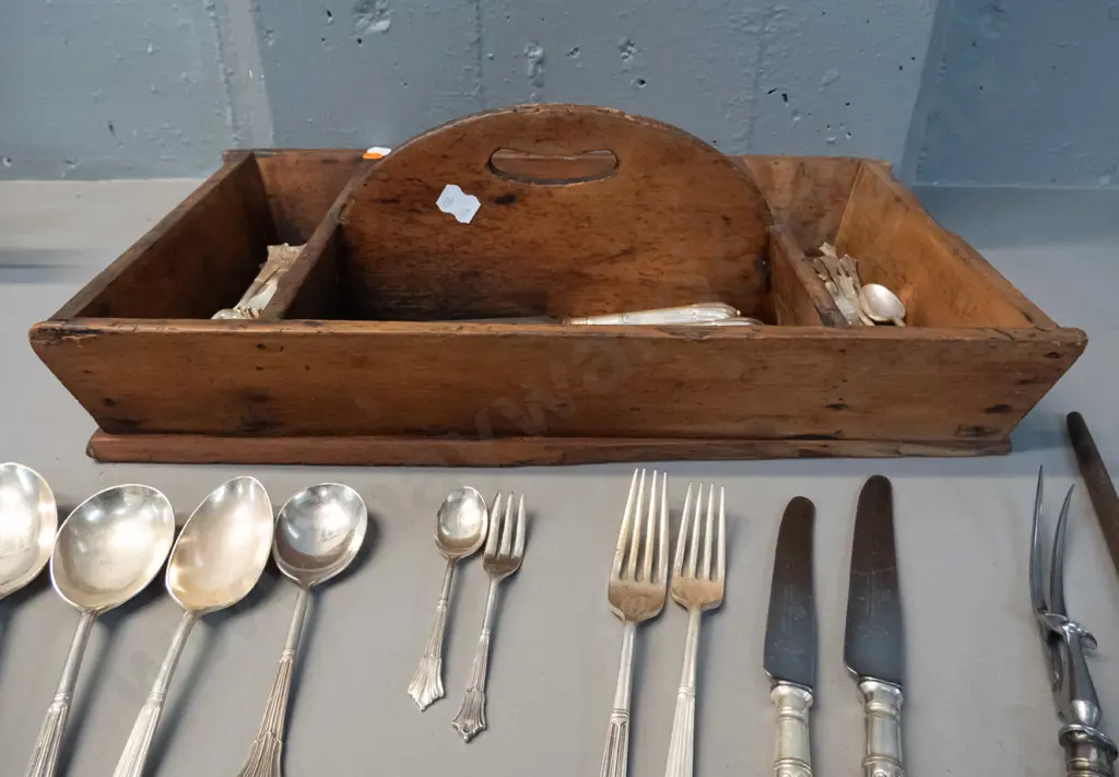 assorted vintage plated cutlery in handled wooden tray - most is "Harrison Bros. and Howson" includes servers etc - some Image 1++