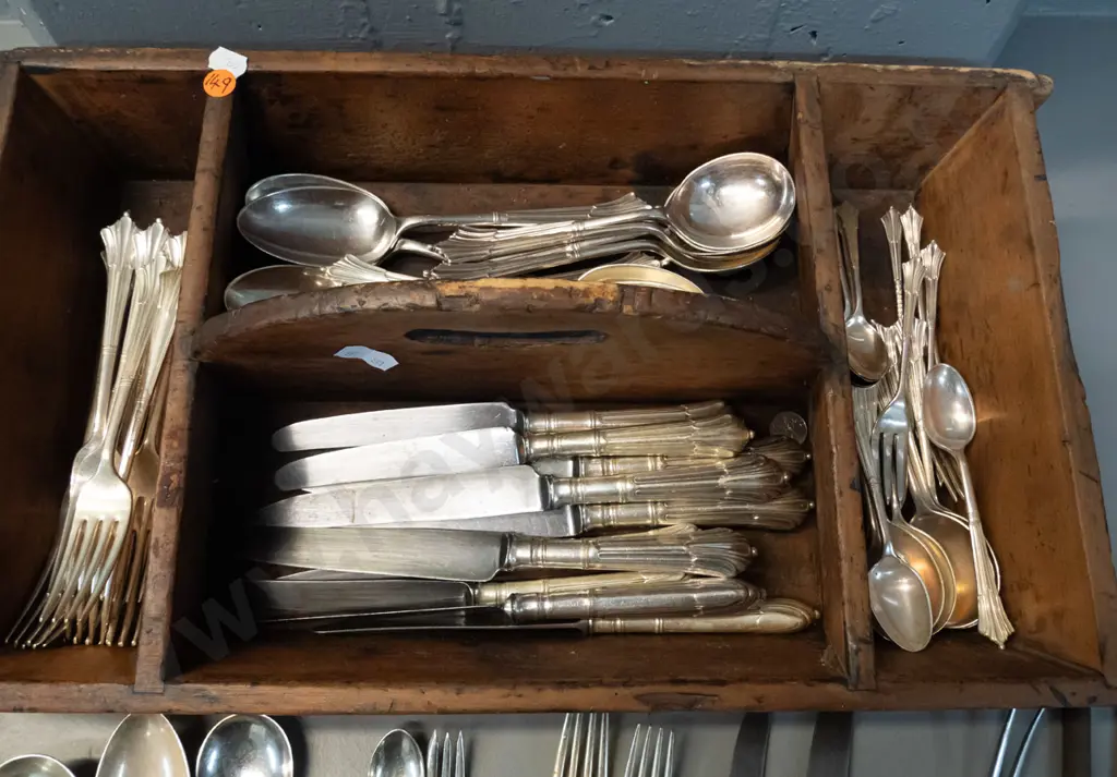 assorted vintage plated cutlery in handled wooden tray - most is "Harrison Bros. and Howson" includes servers etc - some Image 1++