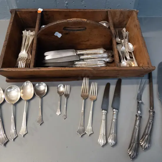 assorted vintage plated cutlery in handled wooden tray - most is "Harrison Bros. and Howson" includes servers etc - some