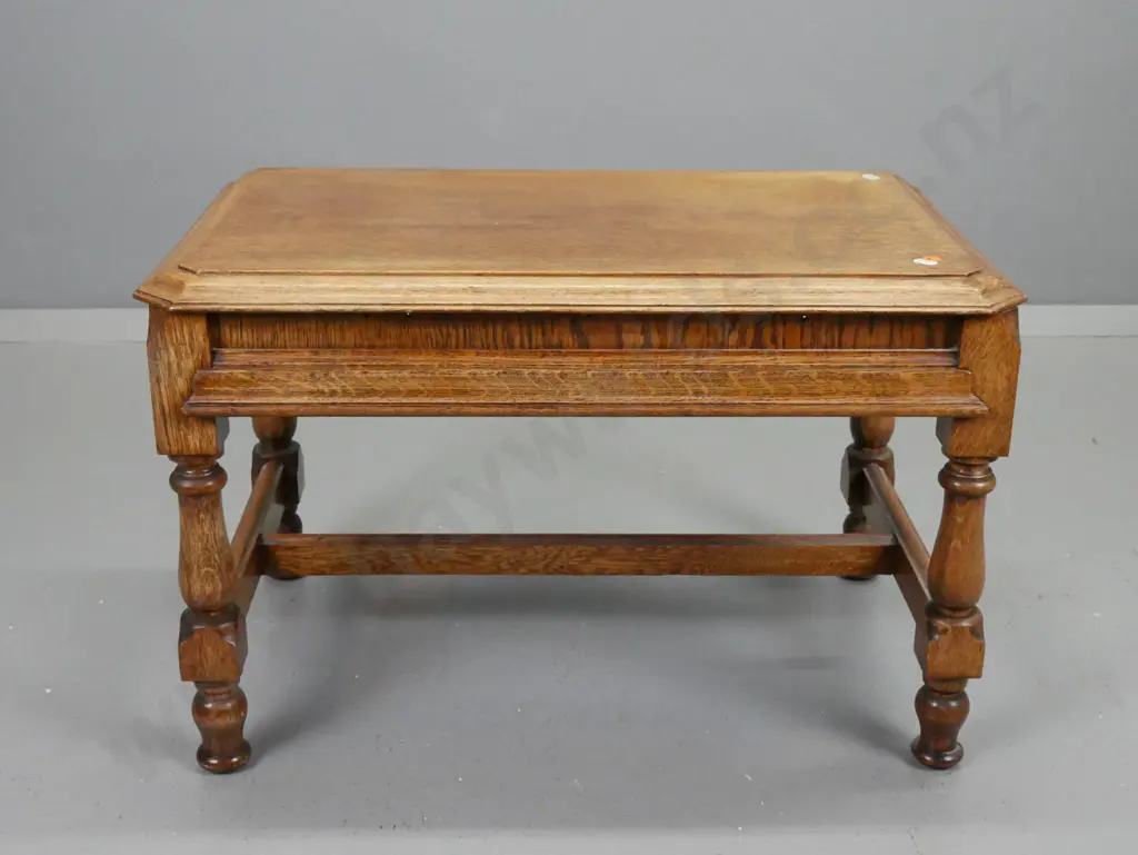 vintage oak coffee table with moulded shaped edge, turned leg stretcher base - some fading to polish on top H-410 L-650 Image 1++