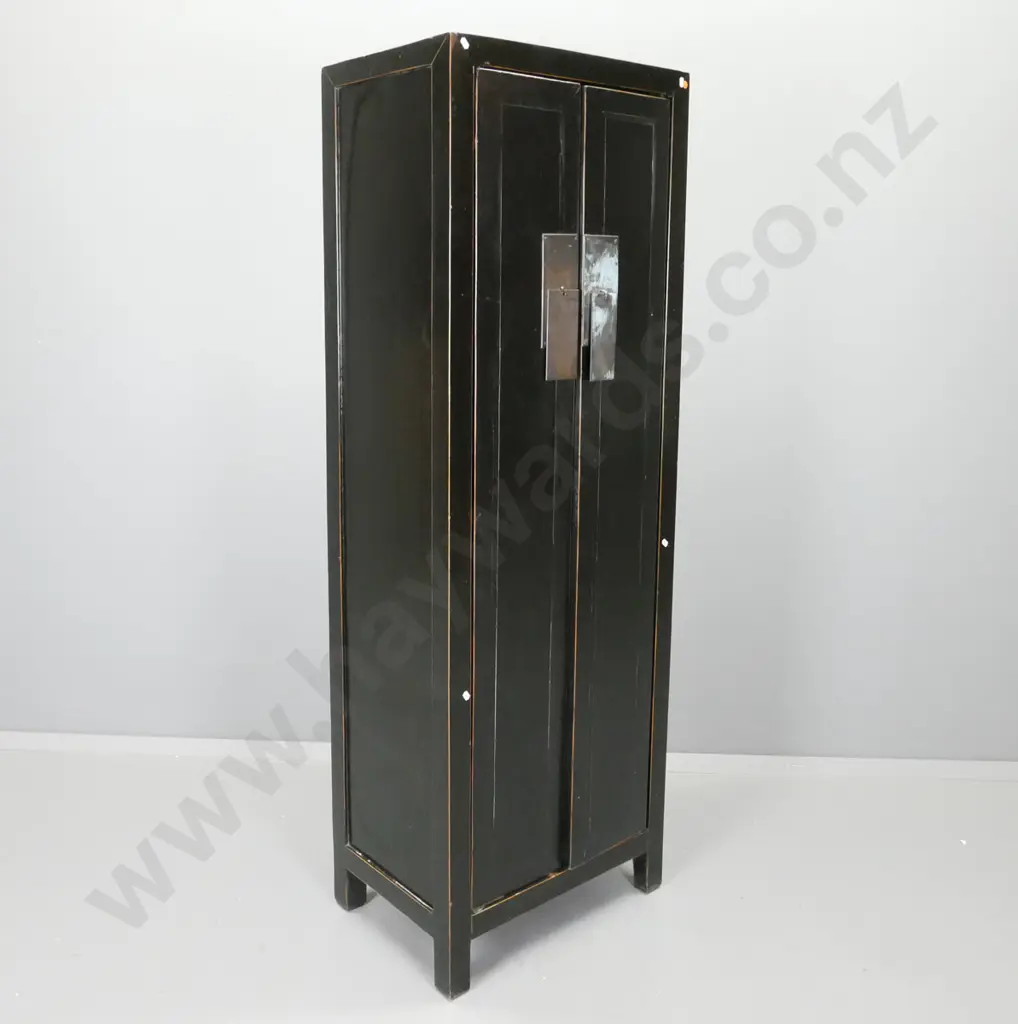 reproduction asian style black lacquer 2-door cupboard with large metal drop flap handles, 2 removable shelves, doors on Image 1++