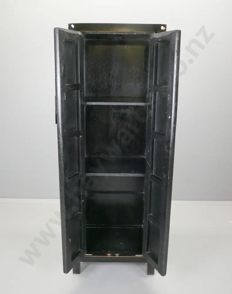 reproduction asian style black lacquer 2-door cupboard with large metal drop flap handles, 2 removable shelves, doors on Image 1++