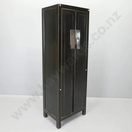 reproduction asian style black lacquer 2-door cupboard with large metal drop flap handles, 2 removable shelves, doors on