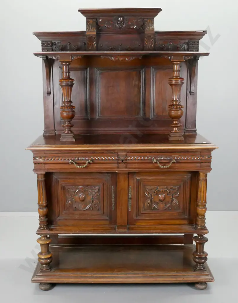 Antique northern European profusely carved walnut sideboard with 2 drawers above 2 carved doors, bottom shelf, upper Image 1++