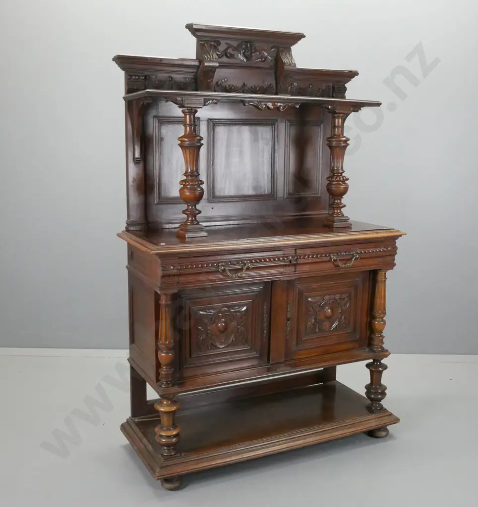 Antique northern European profusely carved walnut sideboard with 2 drawers above 2 carved doors, bottom shelf, upper Image 1++