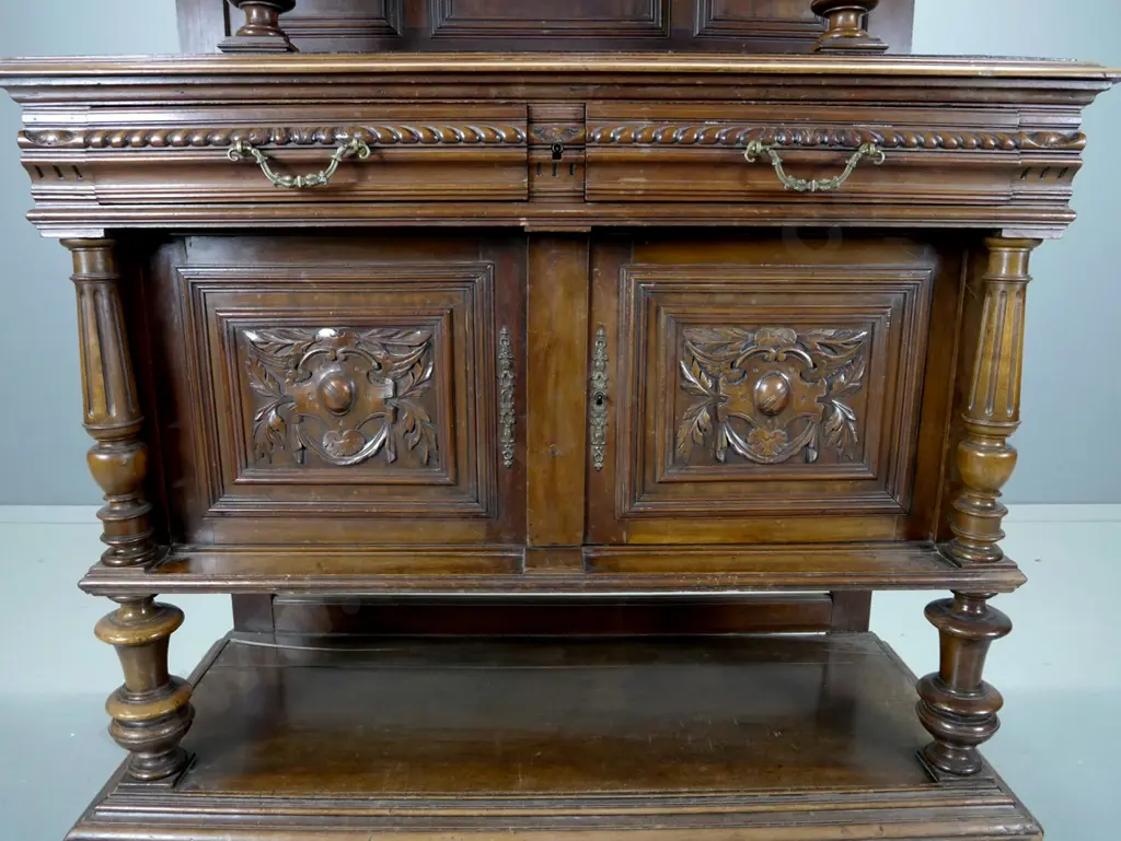 Antique northern European profusely carved walnut sideboard with 2 drawers above 2 carved doors, bottom shelf, upper Image 1++
