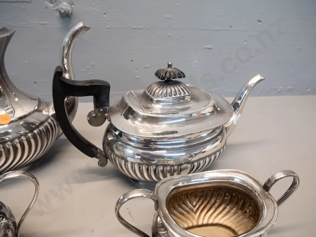 deco style silver plated 4-piece tea set with black bakelite handles and knobs - hot water / coffee pot H-240 Image 1++