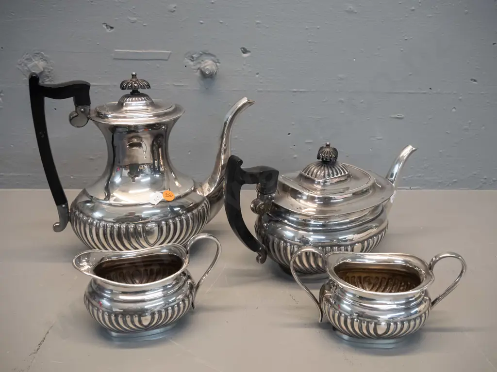 deco style silver plated 4-piece tea set with black bakelite handles and knobs - hot water / coffee pot H-240 Image 1++