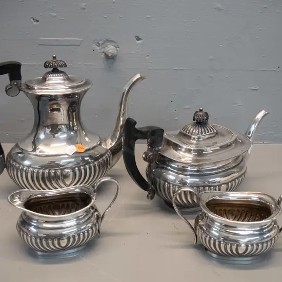 deco style silver plated 4-piece tea set with black bakelite handles and knobs - hot water / coffee pot H-240