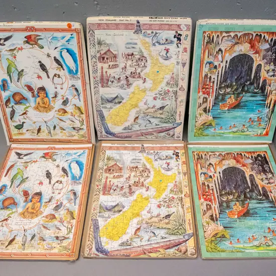 3 retro boxed souvenir New Zealand jigsaw puzzles - boxes are H-400 W-300