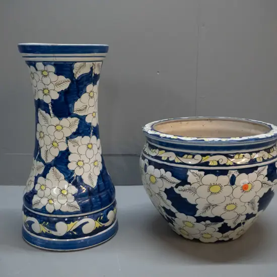 Chinese jardiniere and matching stand - floral decoration on blue ground. Stand H-460 Jardiniere H-265 D-330