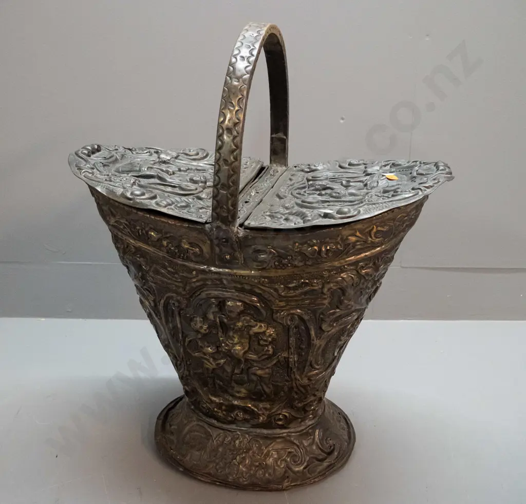 vintage pressed metal coal scuttle with centre handle and 2 hinged lids, no liner. H-550 W-430 W-270 Image 1++
