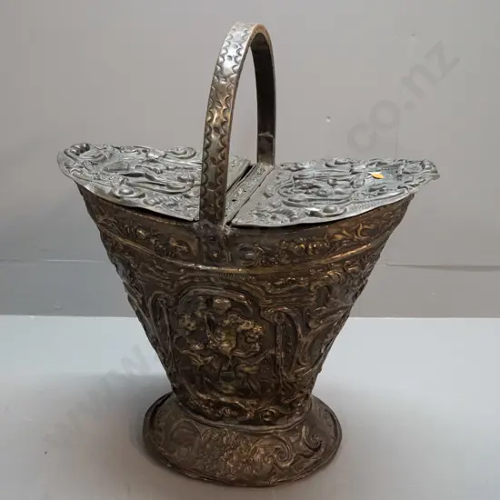 vintage pressed metal coal scuttle with centre handle and 2 hinged lids, no liner. H-550 W-430 W-270