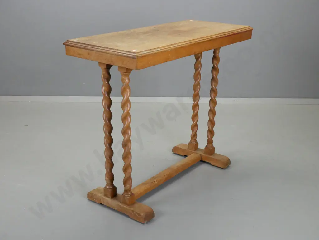 vintage oak side table with Jacobean twist end supports on refectory base, polish in restorer's condition, stains and Image 1++