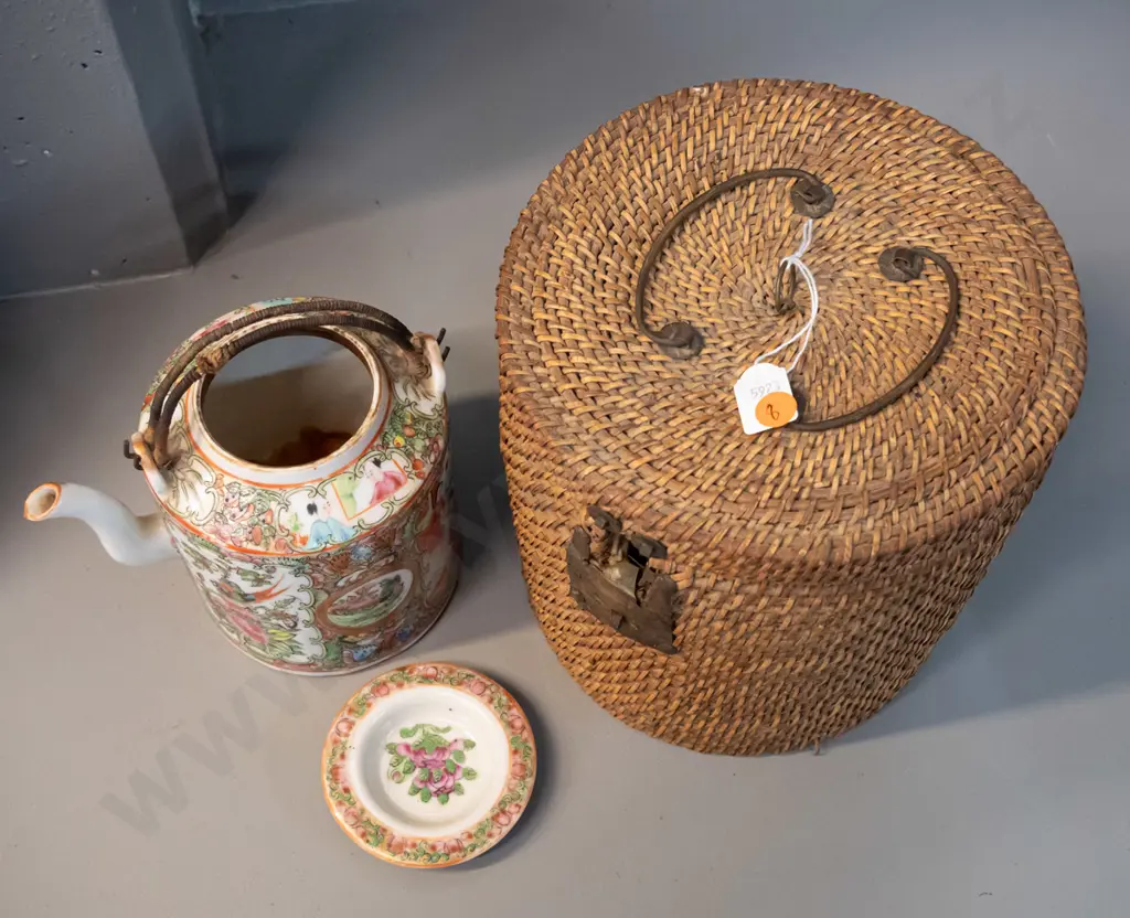 Chinese porcelain teapot with wire and woven cane handles, in an insulated fine cane carry basket w/ metal handles - Image 1++