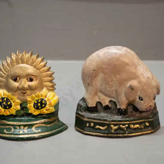 2 painted cast iron miniature door-stops - pig H-90 W-90 and sunflower