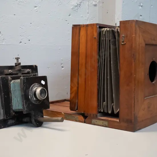 restorer's antique camera and separate incompatible lens unit - Schneider Componon 10.5cm lens on bellow board w/ large