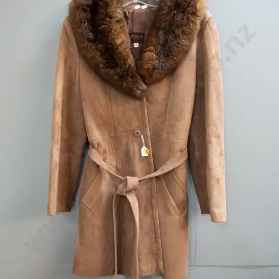 suede jacket with brown possum fur collar - Marcol Manufacturing Ltd Christchurch label - size 34