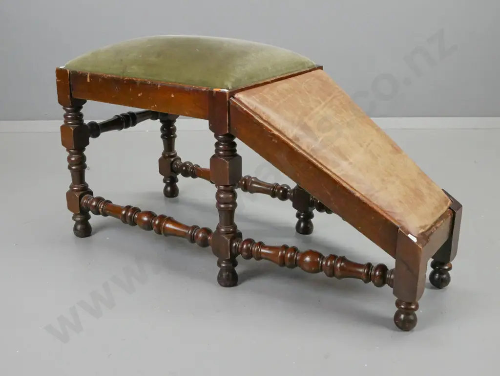 vintage mahogany gout stool or shop shoe-fitting stool w/green velvet upholstered top and leather slope surface, Image 1++