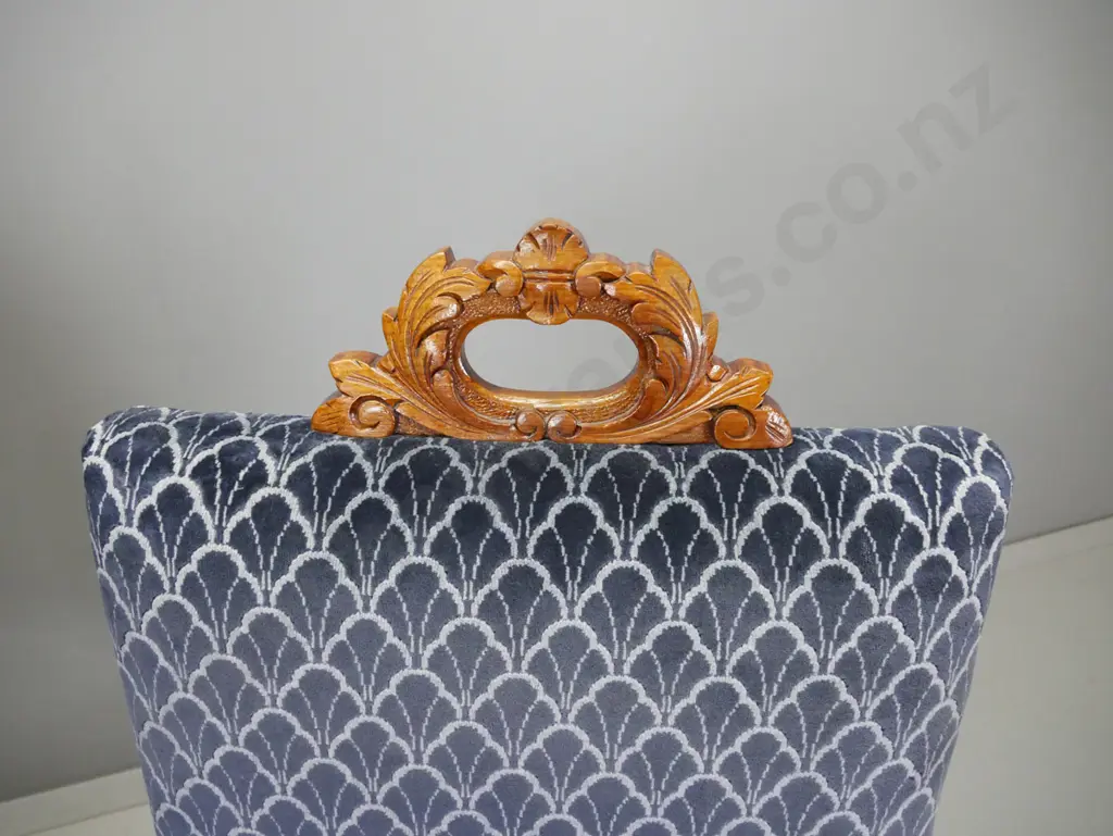 pair of walnut side chairs with foliate carved pierced cutout at top, turned front legs & stretcher base, brass crowns, Image 1++
