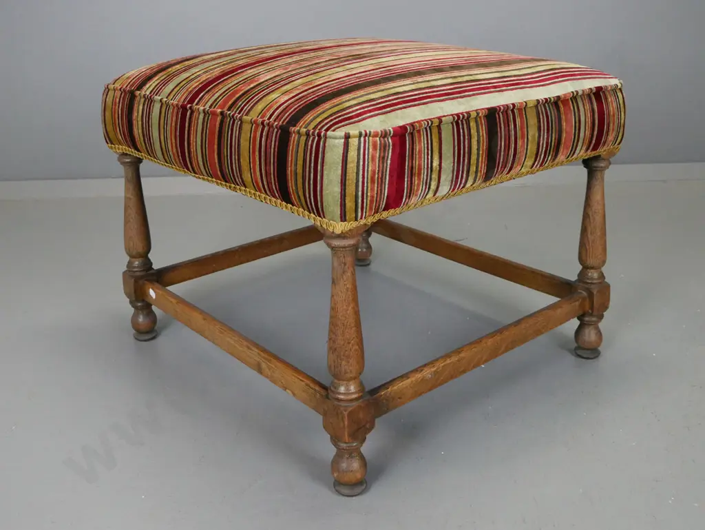 vintage oak turned leg ottoman on stretcher base, covered in multi colour striped velvet with gold gimp edging - minor Image 1++