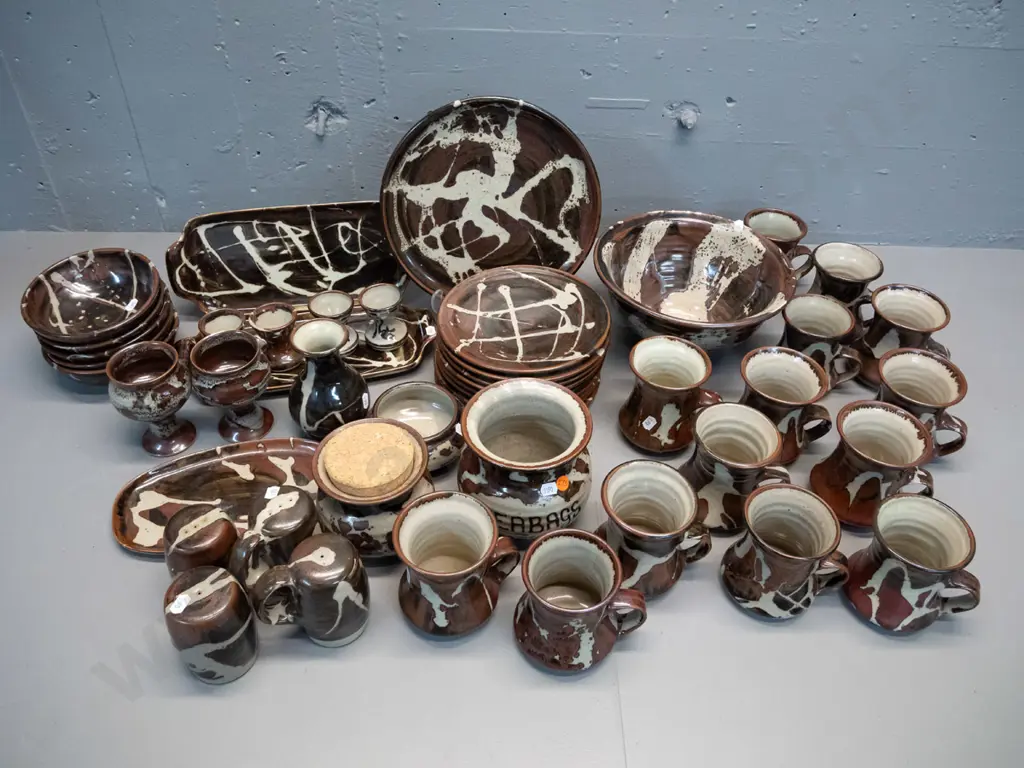 large assortment of Burnay Pottery NZ (Peter and Trudes Vendelbosch) tableware - salad bowl is marked PV, not Burnay. Image 1++