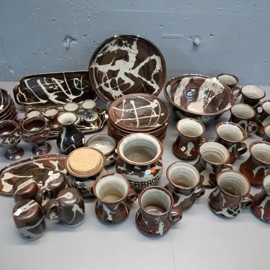 large assortment of Burnay Pottery NZ (Peter and Trudes Vendelbosch) tableware - salad bowl is marked PV, not Burnay.