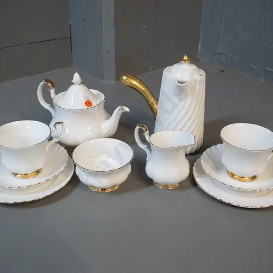 Royal Albert "Val D'or" white and gilt tea and coffee ware - side-handle coffee pot has manufacturing fault and small