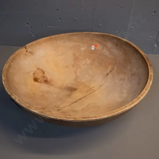 antique wooden bread maker's bowl from USA - large split mended with metal braces H-150 D-460