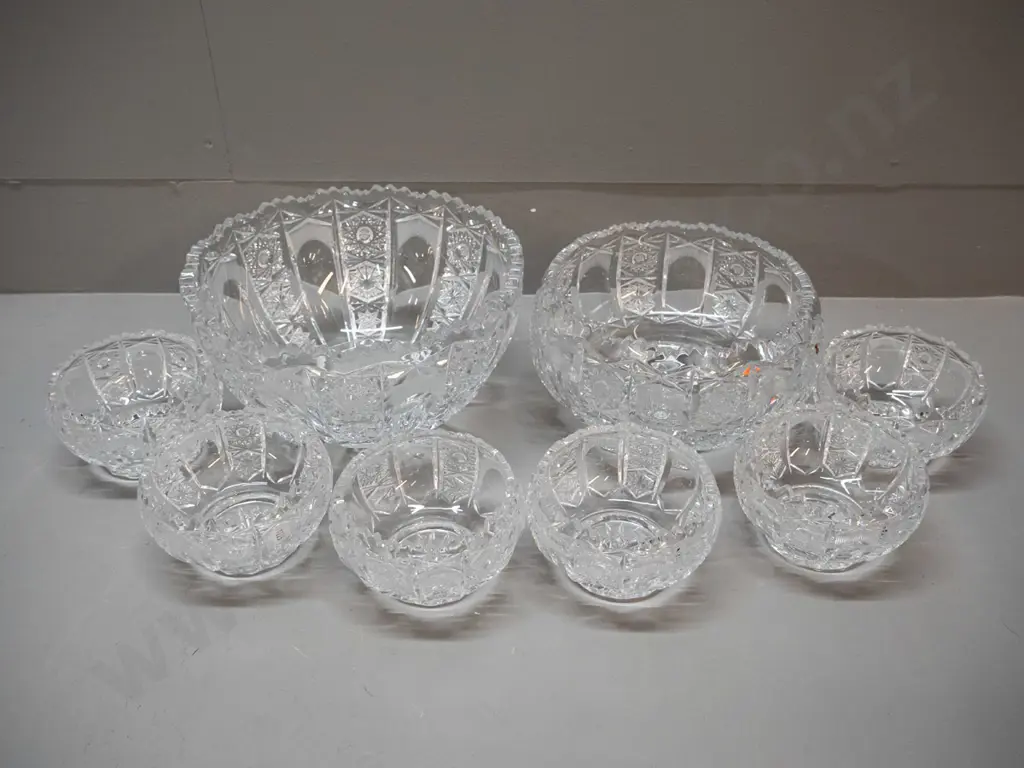 2 cut crystal serving bowls and 6 dessert bowls - all matching pattern. Large bowl H-120 D-235 has some scratching Image 1++