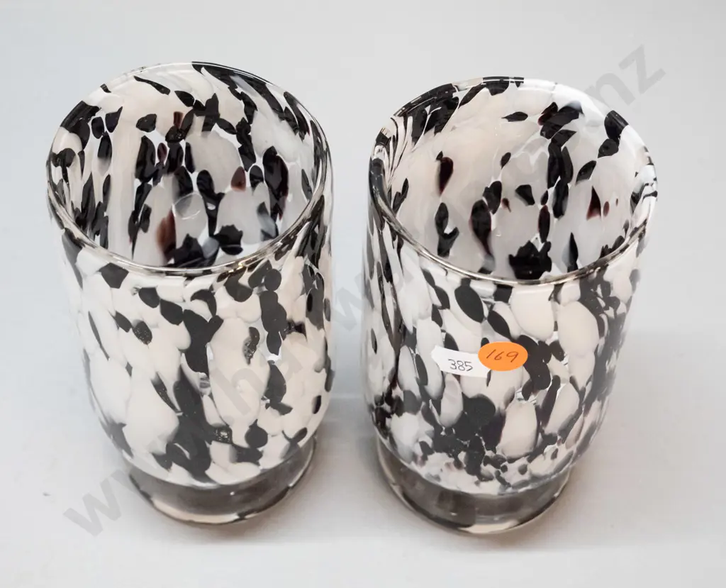 2 mottled black, white and clear art glass vases H-150 Image 1++