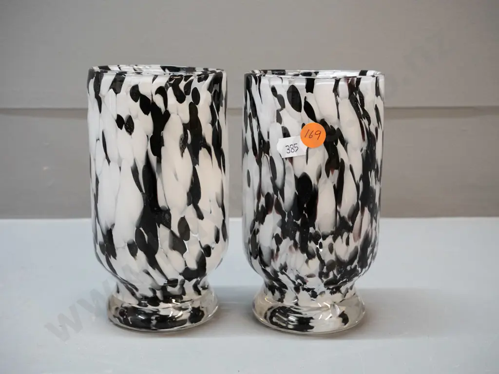 2 mottled black, white and clear art glass vases H-150 Image 1++