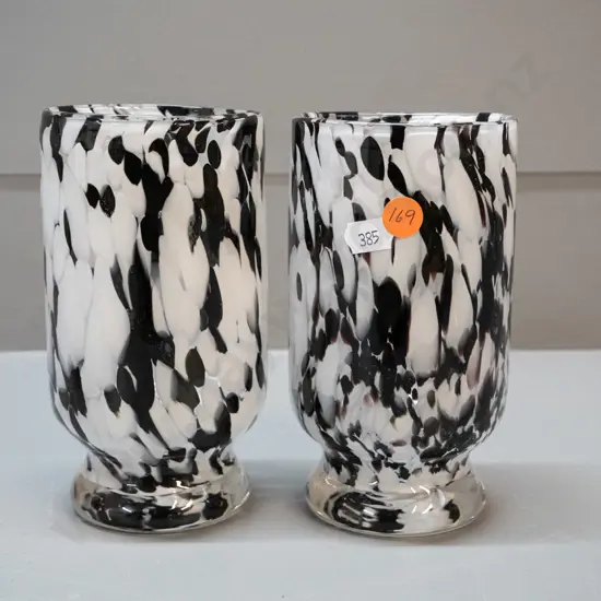 2 mottled black, white and clear art glass vases H-150