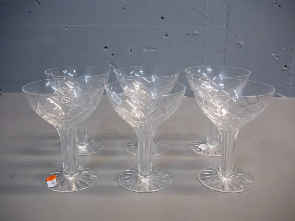 6 hollow-stemmed cut crystal champagne floats - 2 have small chips to rim. H-125 D-100 Image 1++