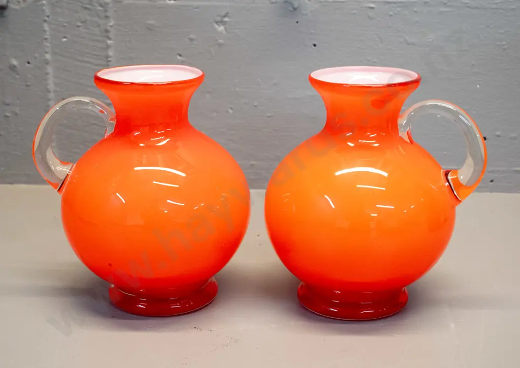 pair of orange glass white-lined handled vases w/ clear handles and bases H-160 Image 1++