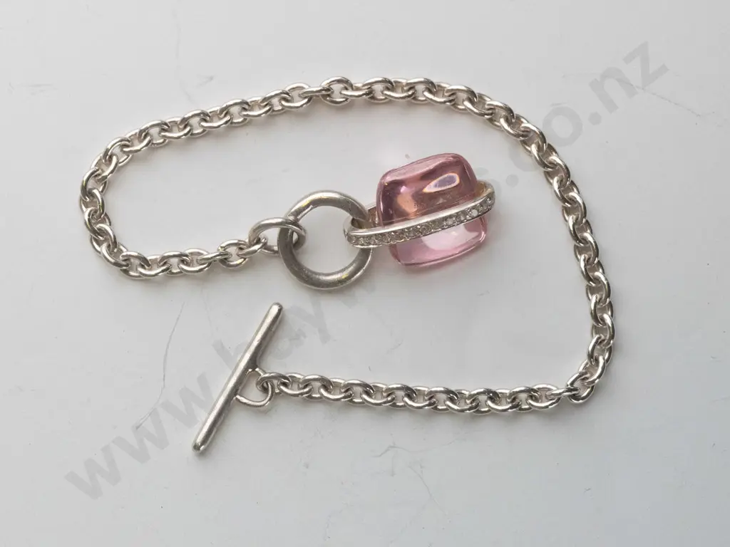 silver bracelet with large pink stone & czs stamped 925 Image 1++