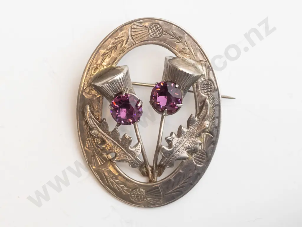 silver thistle brooch with amethysts stamped Image 1++