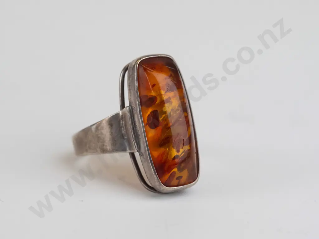 silver amber ring cabachon cut 24 x 10 Image 1++