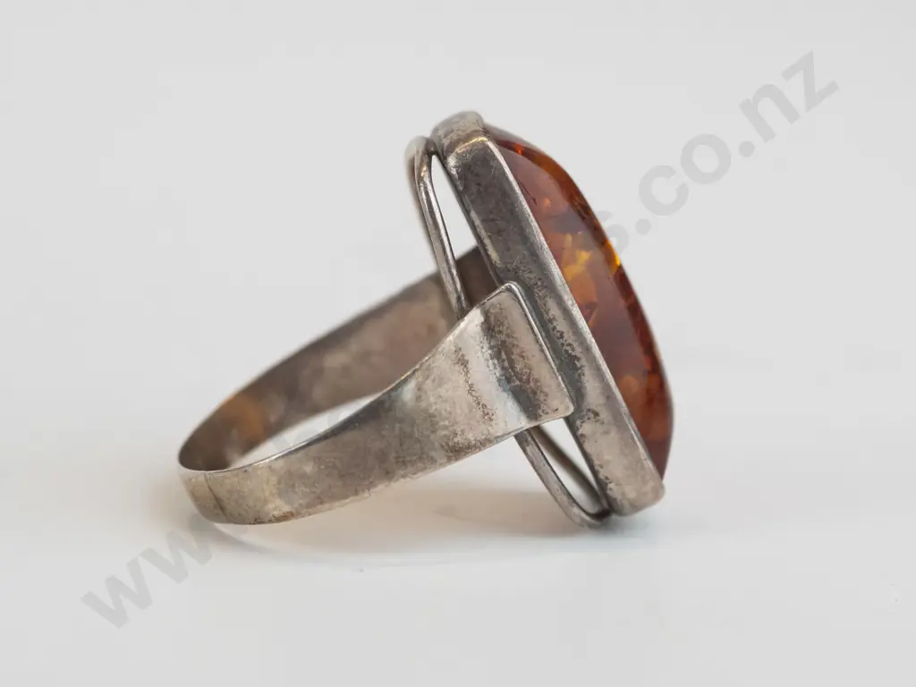 silver amber ring cabachon cut 24 x 10 Image 1++