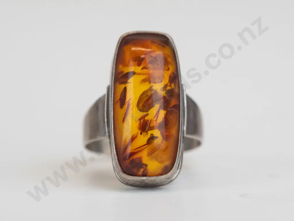 silver amber ring cabachon cut 24 x 10 Image 1++