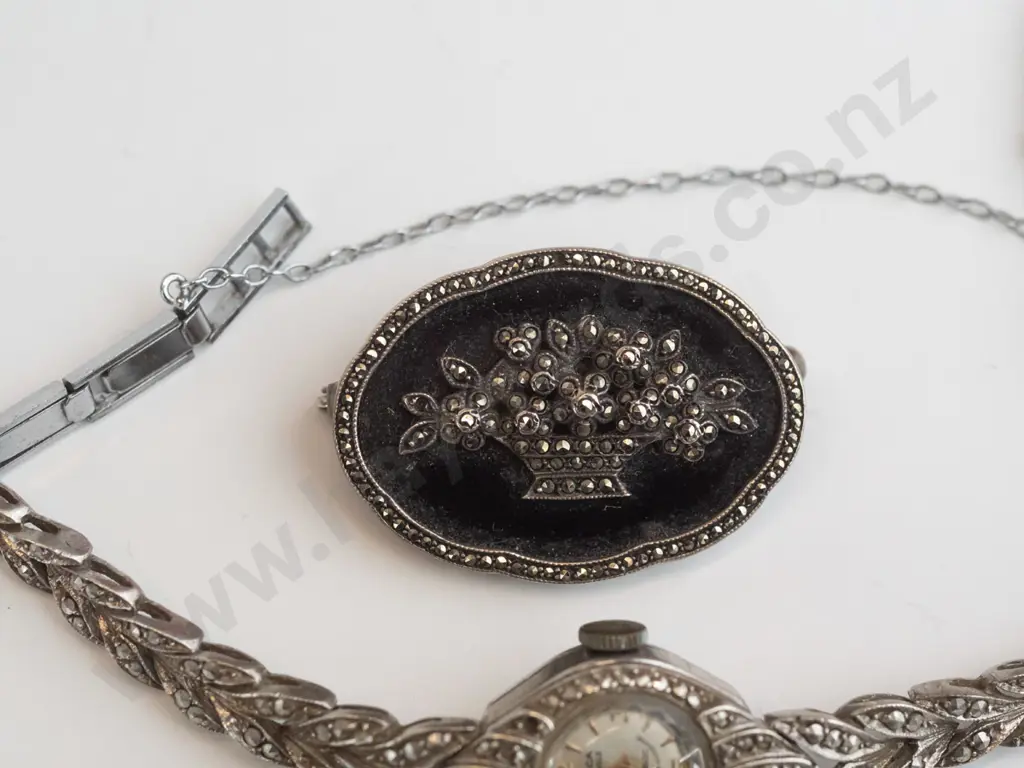 marcasite watch & a marcasite brooch Image 1++