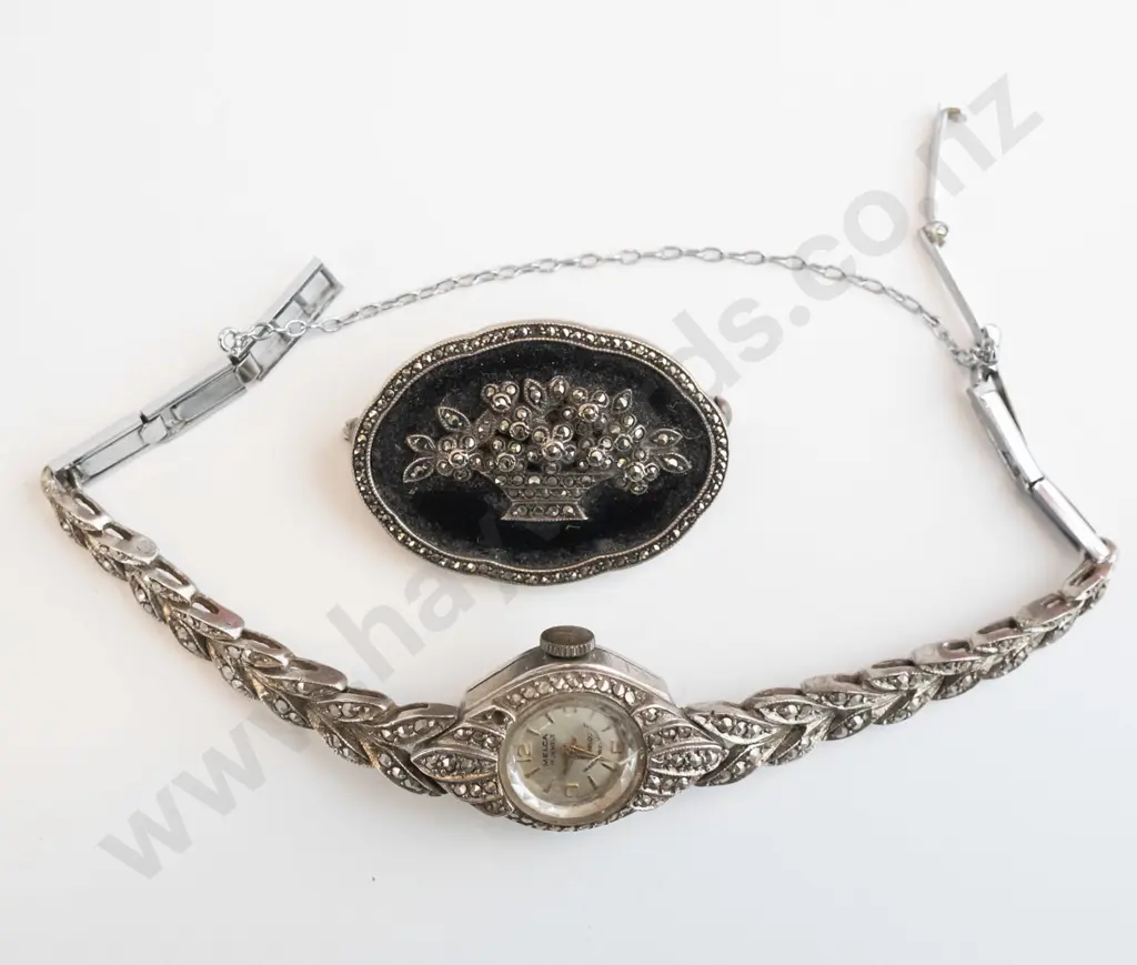 marcasite watch & a marcasite brooch Image 1++