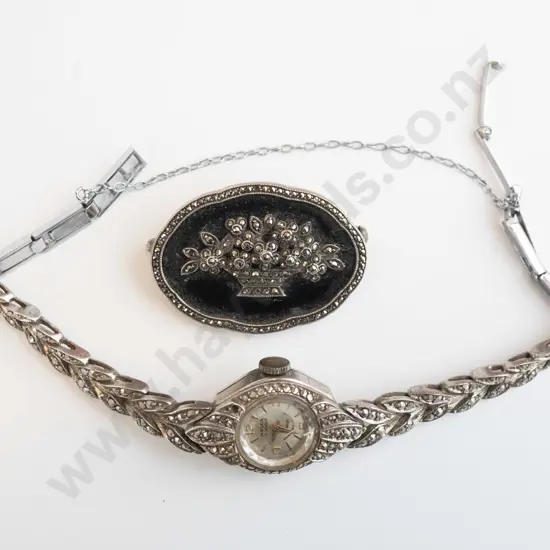 marcasite watch & a marcasite brooch
