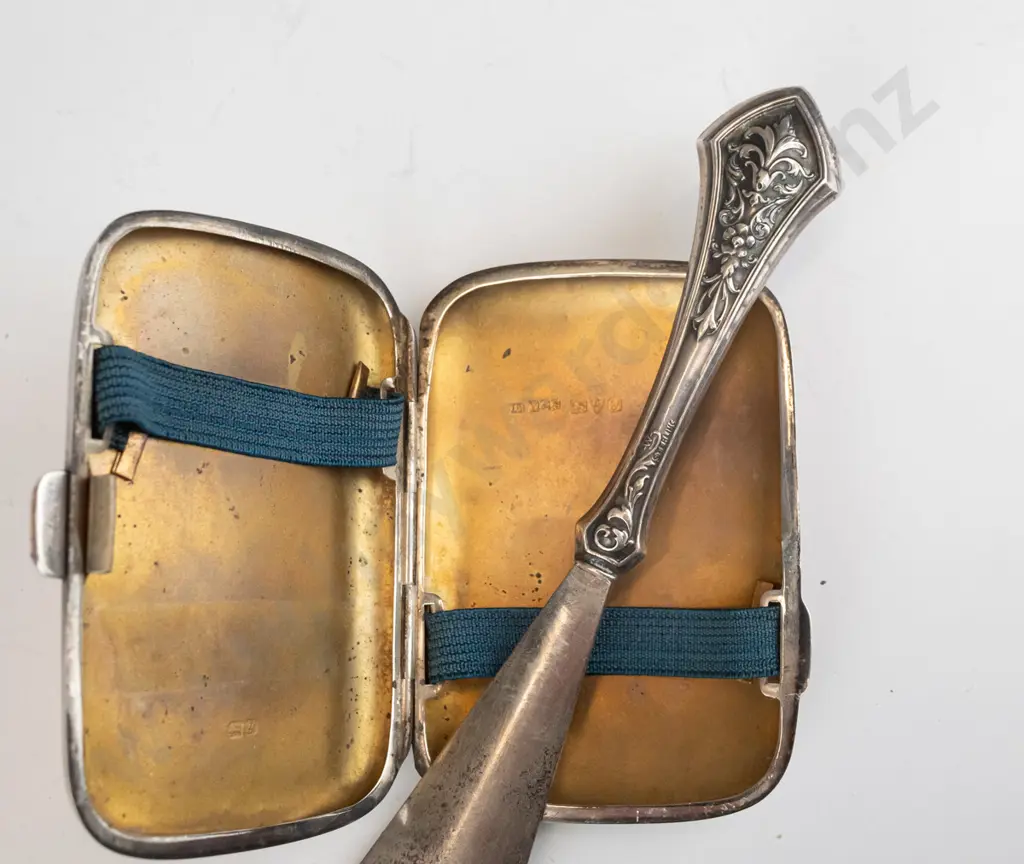 silver vesta case stamped with lion, shield & y & silver shoe horn stamped sterling Image 1++