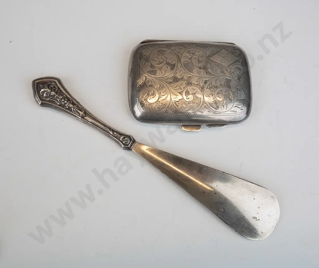 silver vesta case stamped with lion, shield & y & silver shoe horn stamped sterling Image 1++