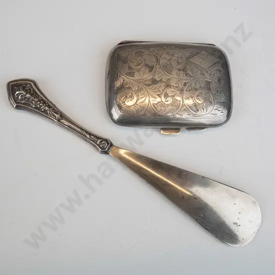 silver vesta case stamped with lion, shield & y & silver shoe horn stamped sterling