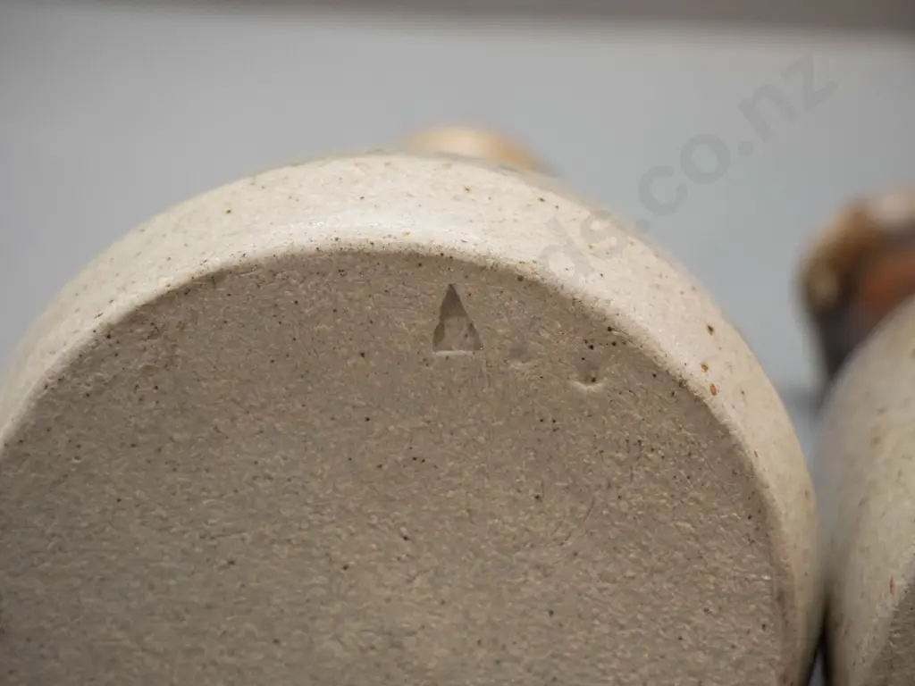 3 pieces of studio pottery - ewer jug H-290 and 2 sauce bottles - all with unknown triangular mark, see photos Image 1++