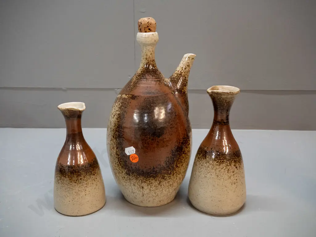 3 pieces of studio pottery - ewer jug H-290 and 2 sauce bottles - all with unknown triangular mark, see photos Image 1++
