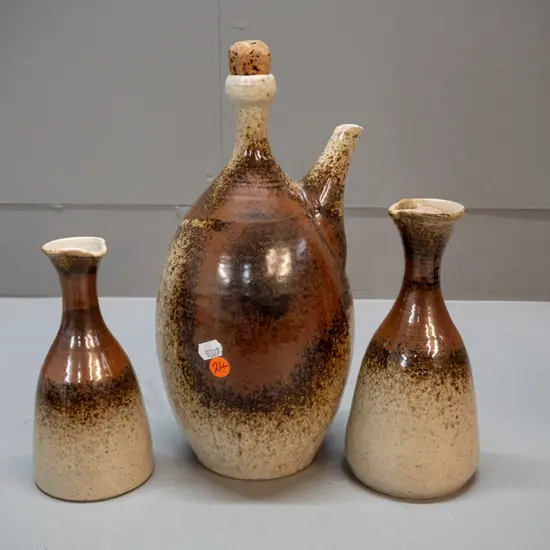 3 pieces of studio pottery - ewer jug H-290 and 2 sauce bottles - all with unknown triangular mark, see photos