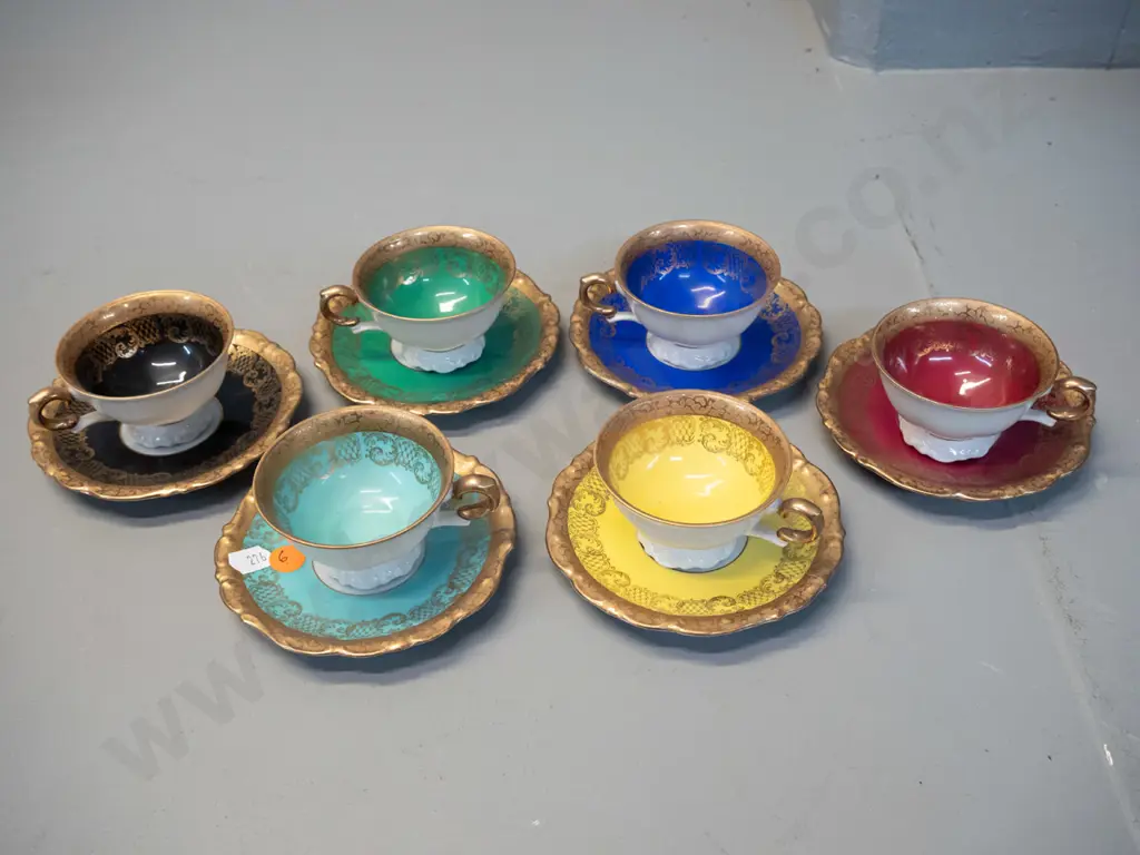 set of 6 "Victoria" German bone china coffee cups & saucers - multi colours & heavy gilt Image 1++